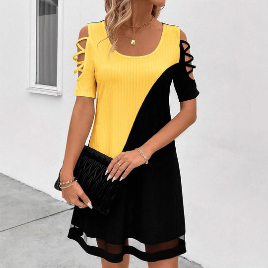 Damen modisches Freizeitkleid mit Cut-Out Ärmeln und asymmetrischem Design EB