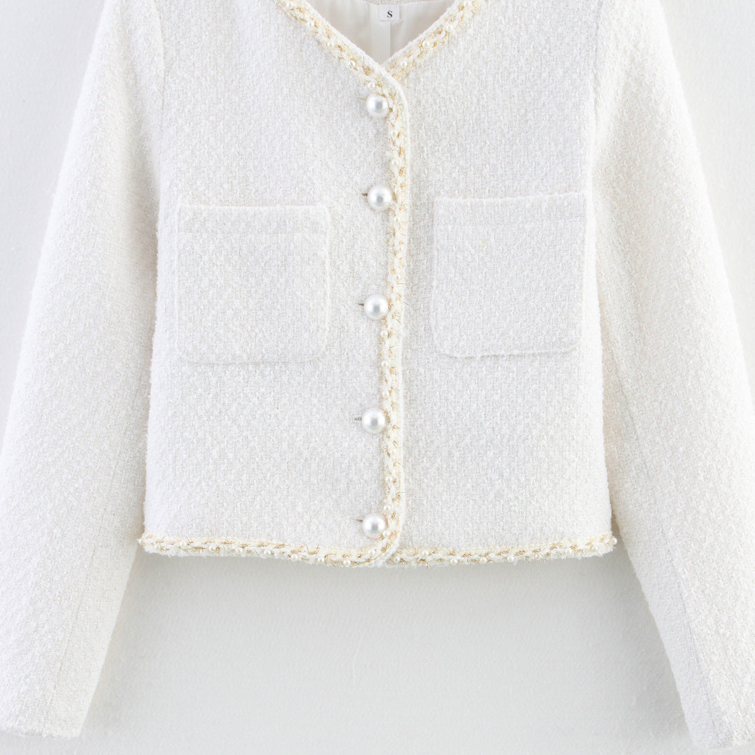 Damen modische Bouclé-Jacke mit eleganten Taschen und perlverzierten Knöpfen EB