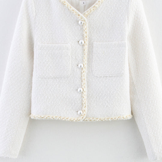 Damen modische Bouclé-Jacke mit eleganten Taschen und perlverzierten Knöpfen EB