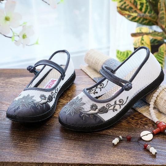 Damen Ballerinas mit handbesticktem Blumendesign und elastischem Riemen EB