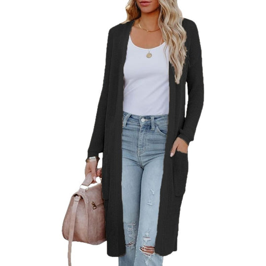Damen Langer Strickcardigan mit elegantem offenes Design und praktischen Taschen EB