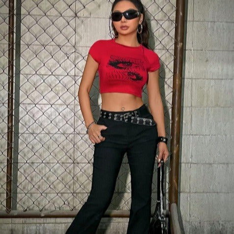 Damen Crop-Top mit kreativem Augenmotiv und figurbetonter Passform EB