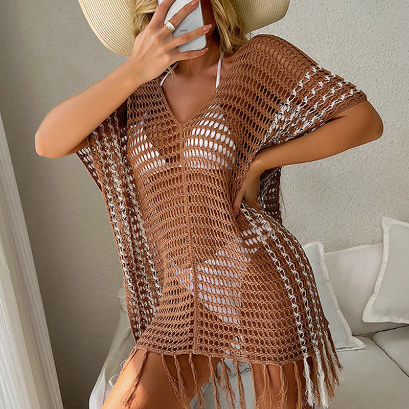 Damen luftiger Häkel-Strandüberwurf mit fransigen Details EB
