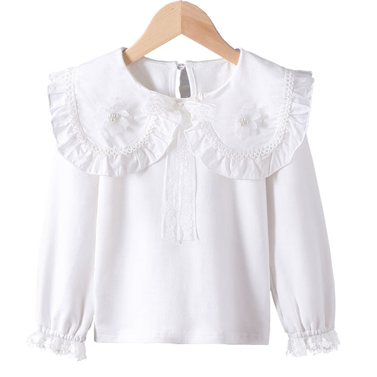 Mädchen Bluse mit rüschenverziertem Kragen und feinen Blumenapplikationen EB