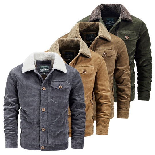 Herren Cord-Truckerjacke mit wärmendem Sherpa-Kragen und Holzknopffront EB