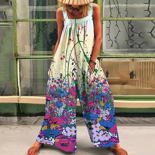 Damen lässiger Jumpsuit mit floralem Muster und weitem Schnitt EB