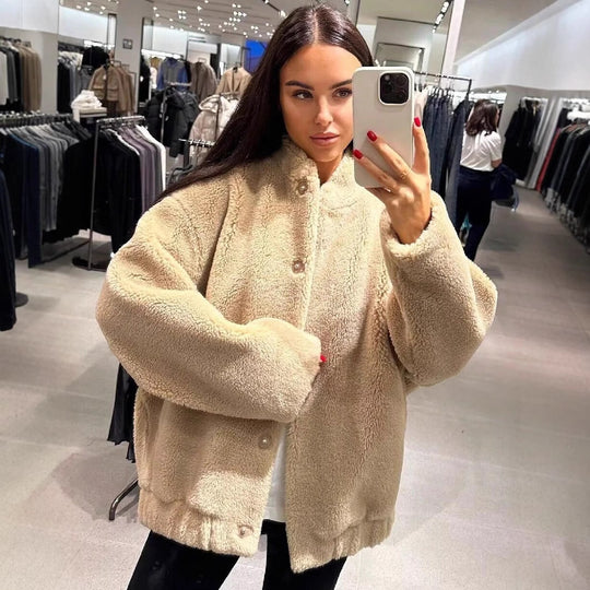 Damen kuschelige Fleece-Jacke mit hohem Kragen und praktischen Eingrifftaschen EB