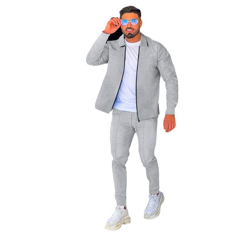 Herren Strukturiertes Waffel-Loungewear-Set mit Kragen-Halbzip & Kordelzughose EB