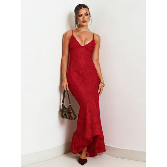 Damen Elegantes Maxi-Kleid mit raffiniertem Spitzenmuster und fließendem Rockteil EB