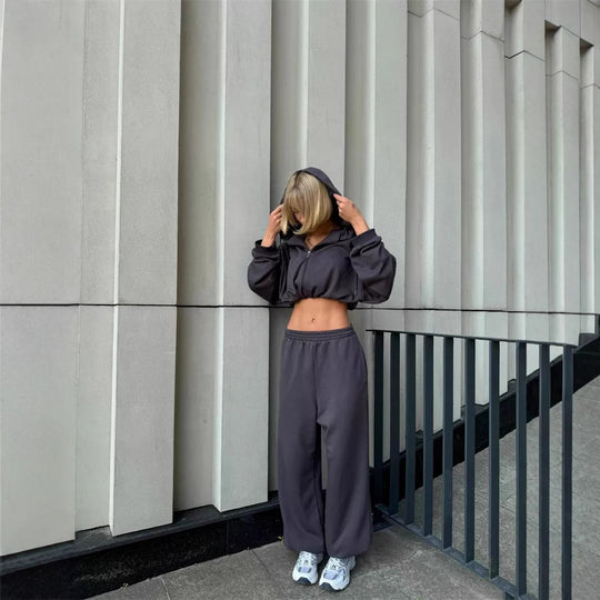 Damen nan kurz geschnittenes Zip-Hoodie und Highwaist Sweathose Lounge-Set mit Kapuze EB
