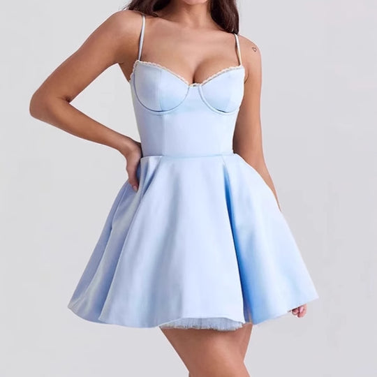 Damen Verspieltes A-Linien Kleid mit Spitzenbustier und verstellbaren Trägern EB