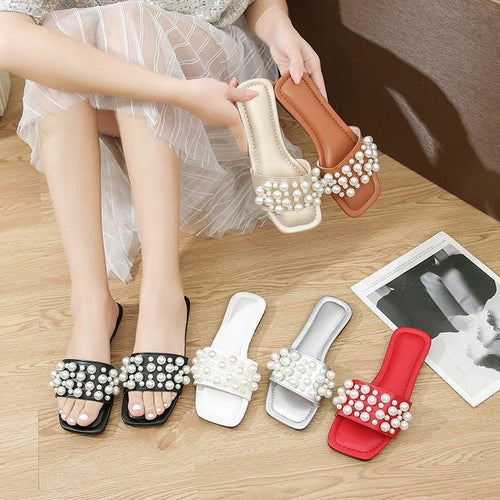 Damen Elegante Slides mit perlenverzierter Riemenstruktur EB