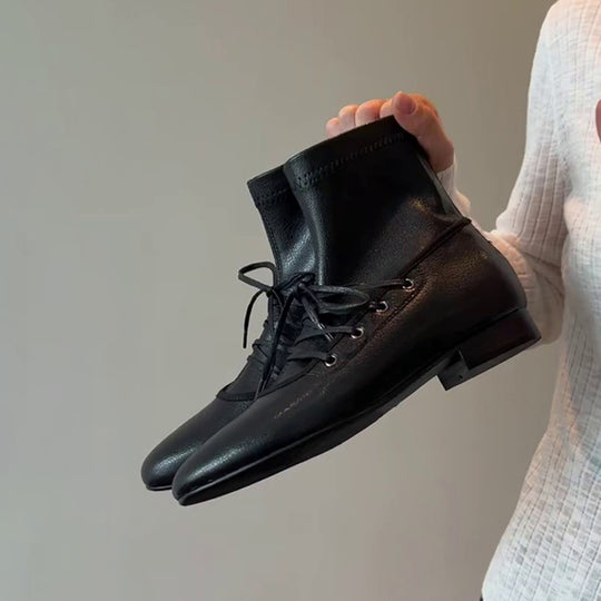 Damen elegante Schnürstiefel aus hochwertigem Leder mit robustem Blockabsatz EB