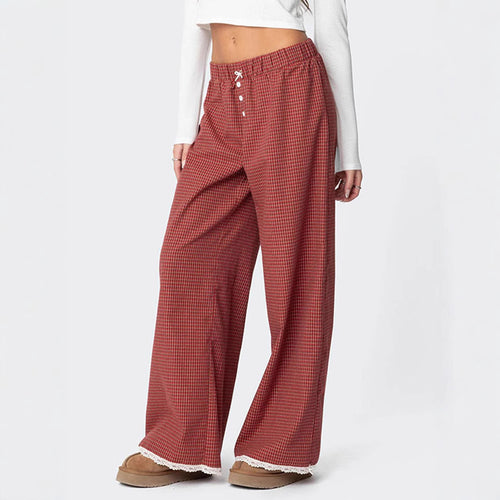 Damen Weit geschnittene Karohose mit Spitzendetails EB