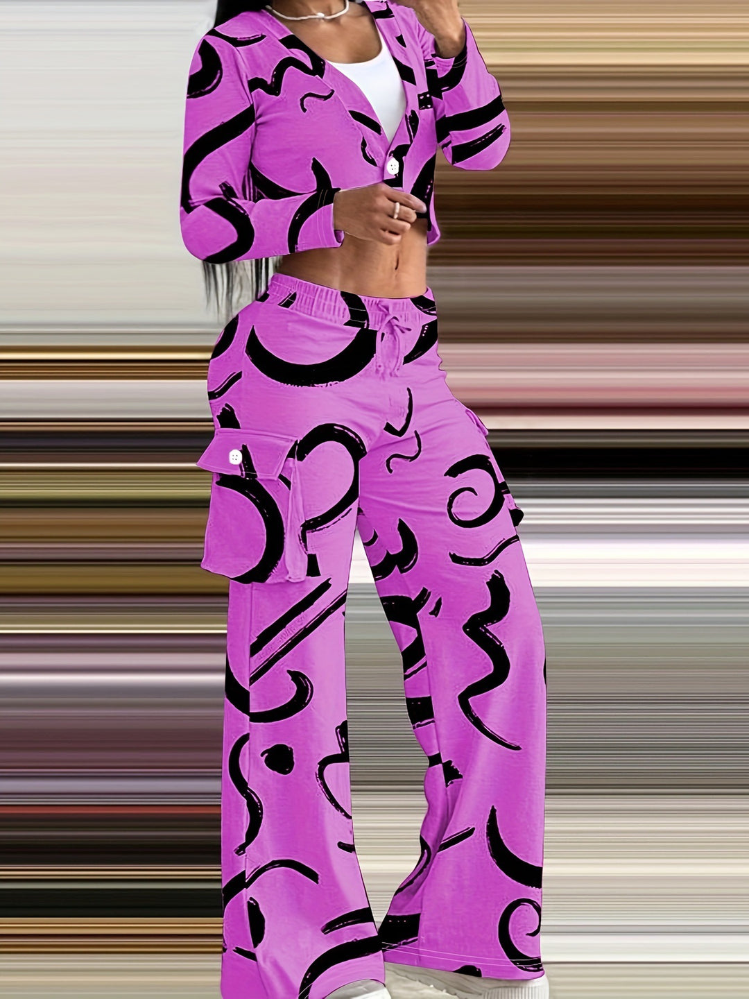Damen Lässiges Set mit kreativem Print und bequemen Hosen EB