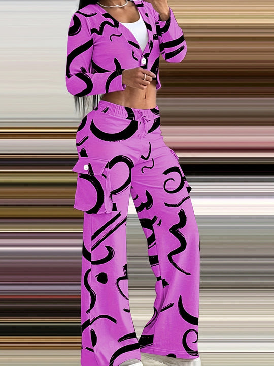 Damen Lässiges Set mit kreativem Print und bequemen Hosen EB