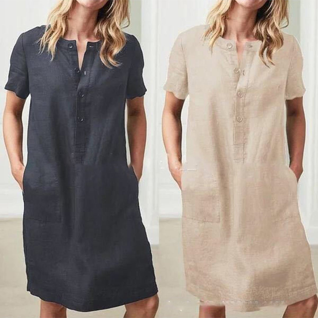 Damen lässiges Leinenkleid mit Knopfleiste und praktischen Taschen EB