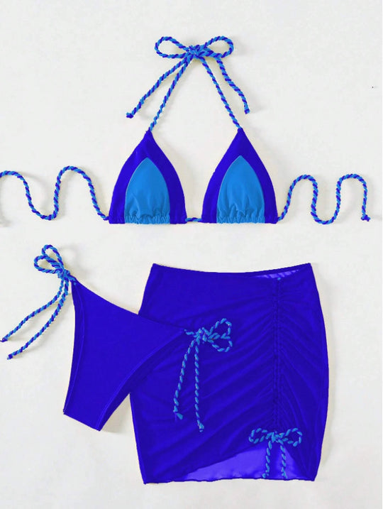 Damen Triangel-Bikini mit Wickelrock und Bänder EB