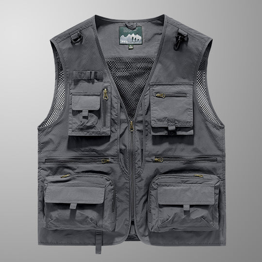 Herren multifunktionale Angler-Utility-Weste mit Mesh-Einsätzen, D‑Ringen und zahlreichen Reißverschluss- und Klappfächern EB