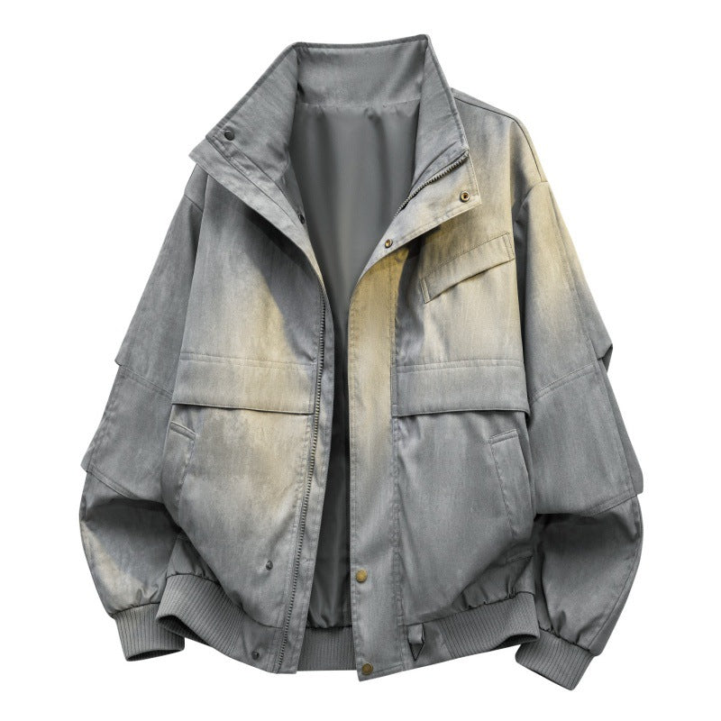 Herren urbaner Canvas-Utility-Blouson mit hohem Kragen, großflächigen Pattentaschen und elastischem Saum EB