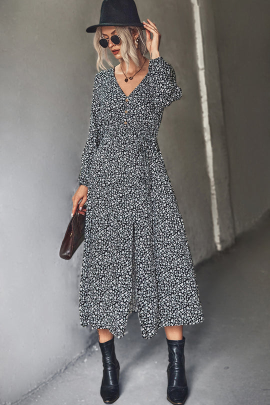 Damen Maxikleid mit elastischem Taillenbund und floralen Mustern EB