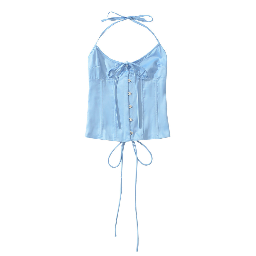 Damen Satin-Nachtkleid mit dekorativen Bindebändern und Knopfleiste EB