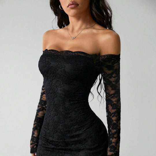 Damen Spitzenkleid mit schulterfreiem Design und langen Ärmeln EB