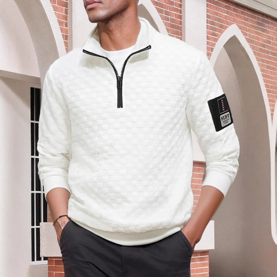 Herren nan strukturierter Stehkragen-Halbzip-Pullover mit Karosteppung, elastischen Bündchen und Ärmel-Patch EB