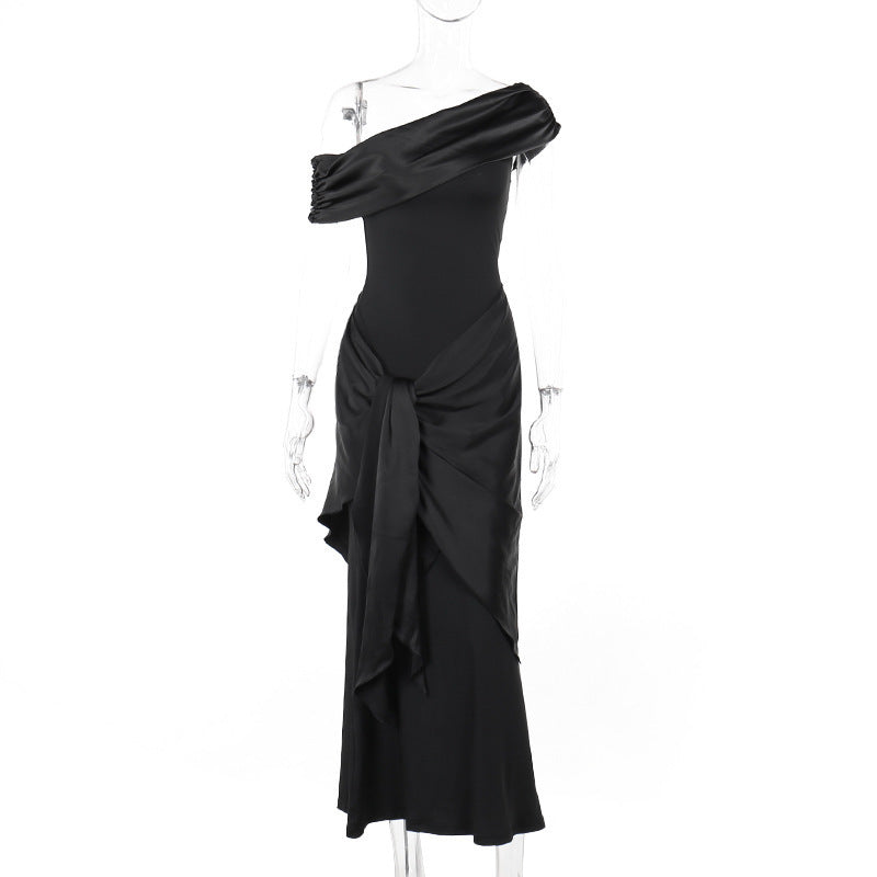 Damen Langarm Maxikleid mit asymmetrischem Schnitt und dekorativen Drapierungen EB
