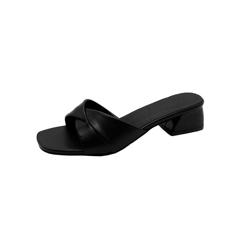 Damen elegante Mules mit gekreuzten Riemen und Blockabsatz EB