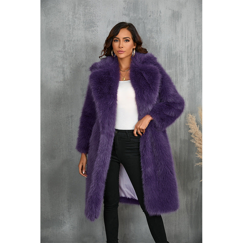 Damen Eleganter Kunstpelzmantel mit breitem Revers und lockerem Schnitt EB