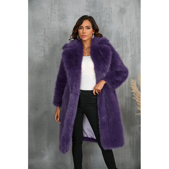 Damen Eleganter Kunstpelzmantel mit breitem Revers und lockerem Schnitt EB