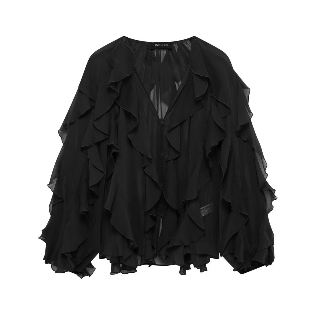 Damen nan feminine Chiffon-Volantbluse mit Ballonärmeln und V-Ausschnitt EB
