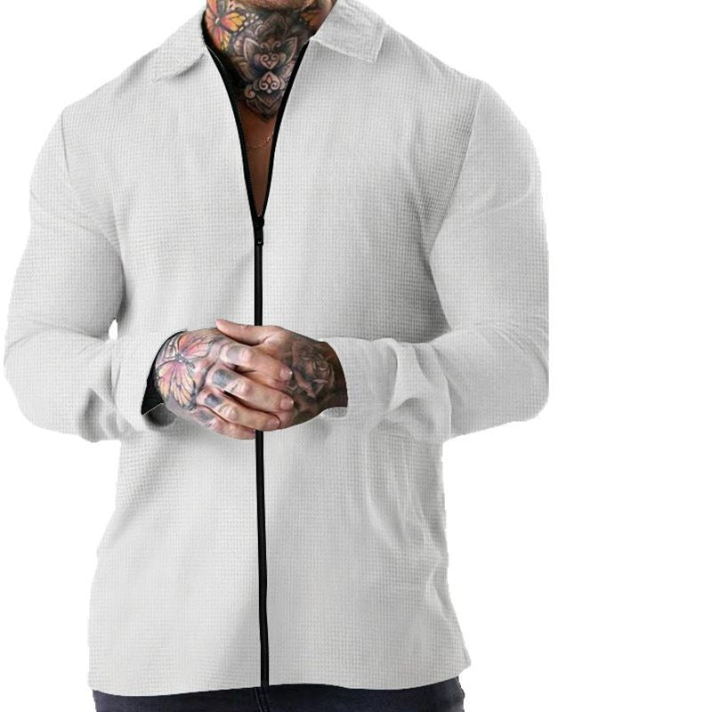 Herren nan strukturierte Zip-Hemdjacke aus Waffelstrick mit Kentkragen und schmaler Silhouette EB