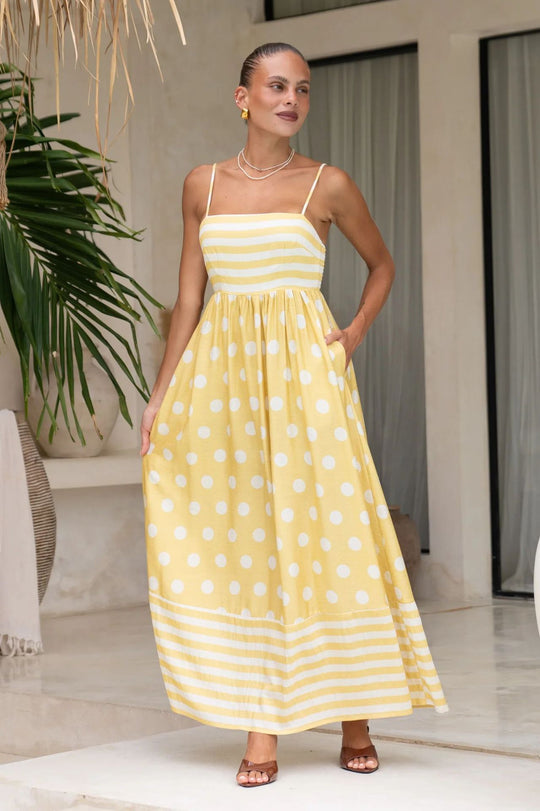 Damen Maxikleid mit gerafftem Oberteil und verspieltem Punkt- und Streifenmuster EB