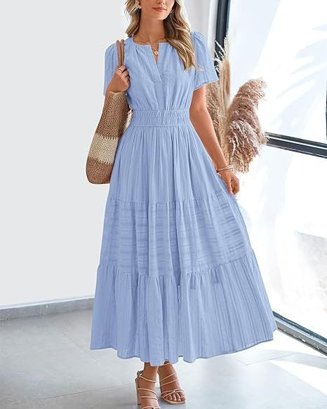Damen Maxikleid mit elegantem V-Ausschnitt und frisch gerafftem Design EB