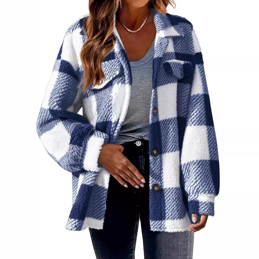 Damen nan kuschelige Sherpa-Karo-Übergangsjacke mit Brusttaschen und großzügigem Oversize-Schnitt EB