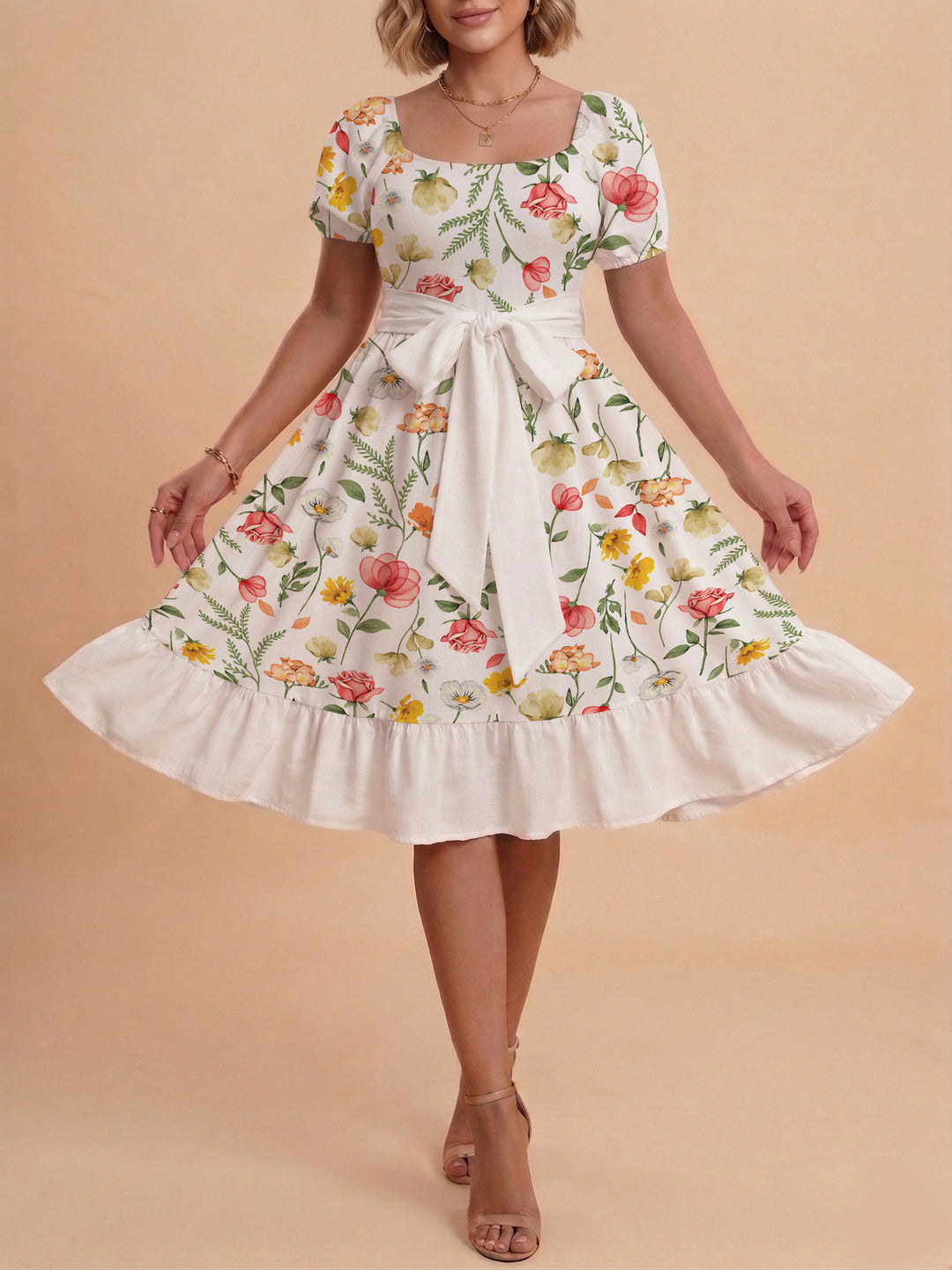 Damen Blumenkleid mit taillierbarem Gürtel und voluminösen Ärmeln EB