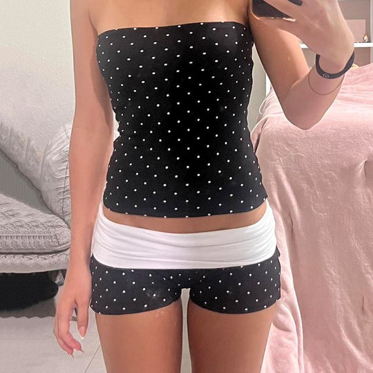 Damen Bandeau-Badeanzug mit Polka Dots und Shorts EB