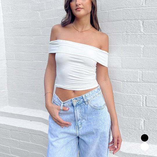 Damen Off-Shoulder Crop-Top aus elastischem Material mit figurformendem Design EB