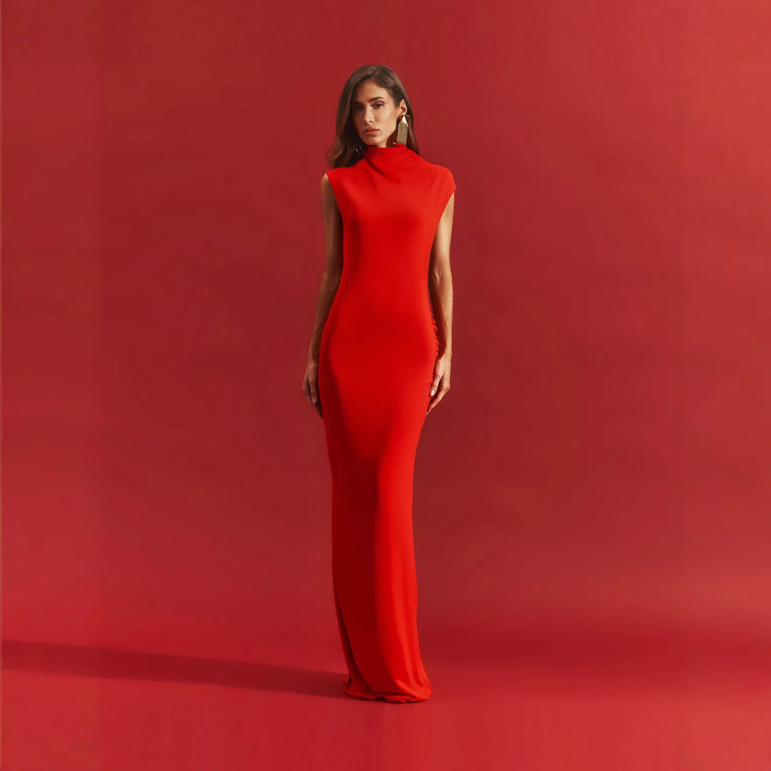 Damen stilvolles Maxikleid mit asymmetrischem Schnitt und hohem Stehkragen EB