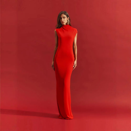 Damen stilvolles Maxikleid mit asymmetrischem Schnitt und hohem Stehkragen EB