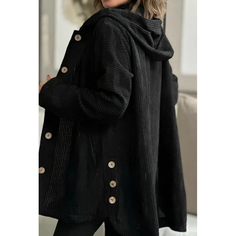 EB | Jacke mit Kapuze Cord Lockere Passform Mittlere Länge Knopfdetails