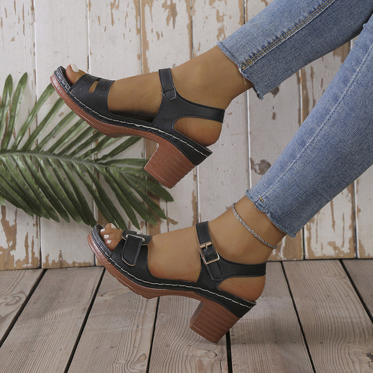 Damen modische Sandaletten mit eleganter Schnalle und Holz-Blockabsatz EB