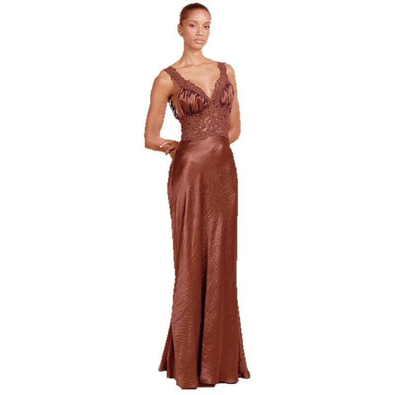 Damen Elegantes Maxikleid mit Spitze und tiefem V-Ausschnitt EB