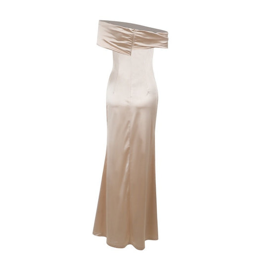 Damen Elegantes Satin Abendkleid mit asymmetrischem Träger und hohem Schlitz EB