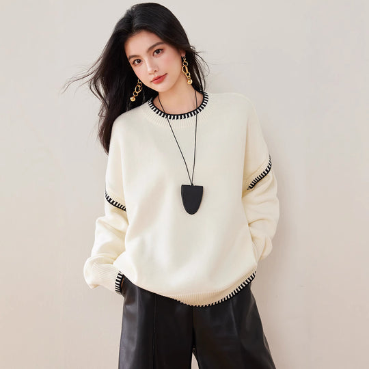 Damen Übergroßer Strickpullover mit Kontrastbündchen EB