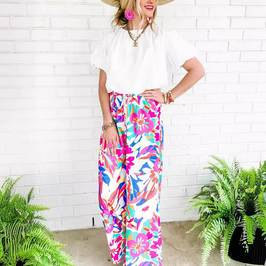 Damen weite Palazzo-Hose mit buntem Blumenmuster und elastischem Bund EB
