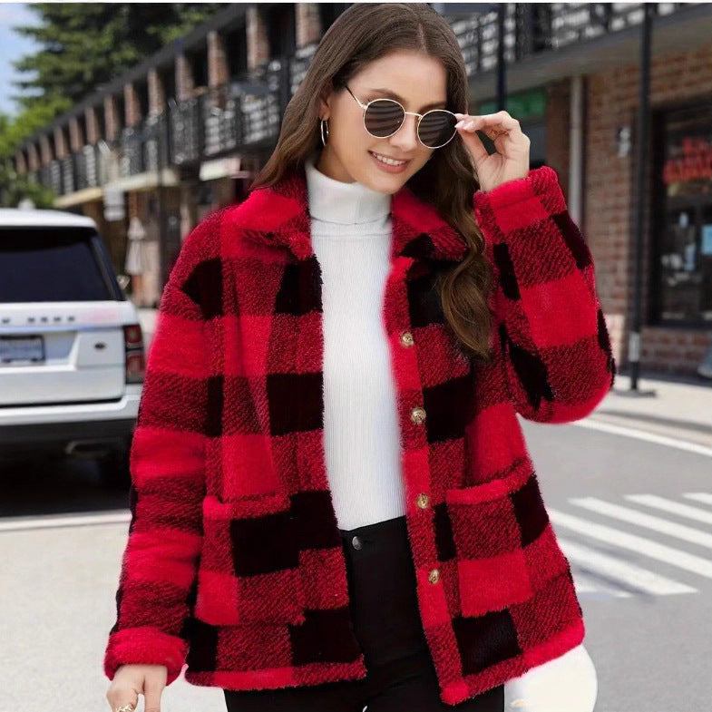 Damen nan gefütterte Karo Teddy-Fleece Shacket mit Knopfleiste und aufgesetzten Taschen EB
