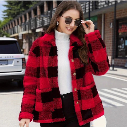Damen nan gefütterte Karo Teddy-Fleece Shacket mit Knopfleiste und aufgesetzten Taschen EB